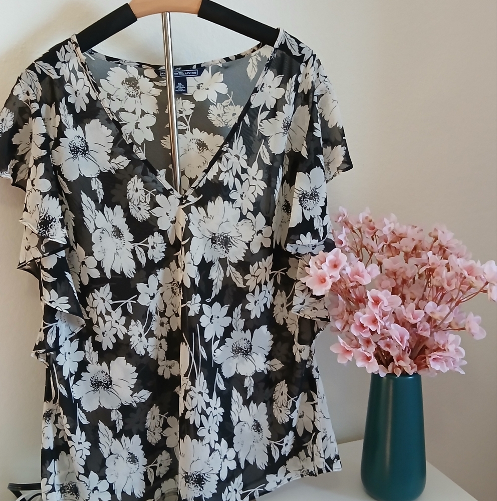 American Living Black and White Flutter Sleeve Wrap Blouse